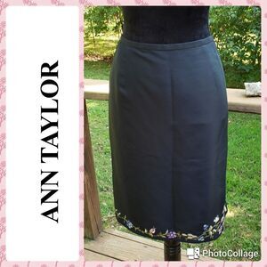 Ann Taylor Black Pencil Skirt with Floral Embroidery